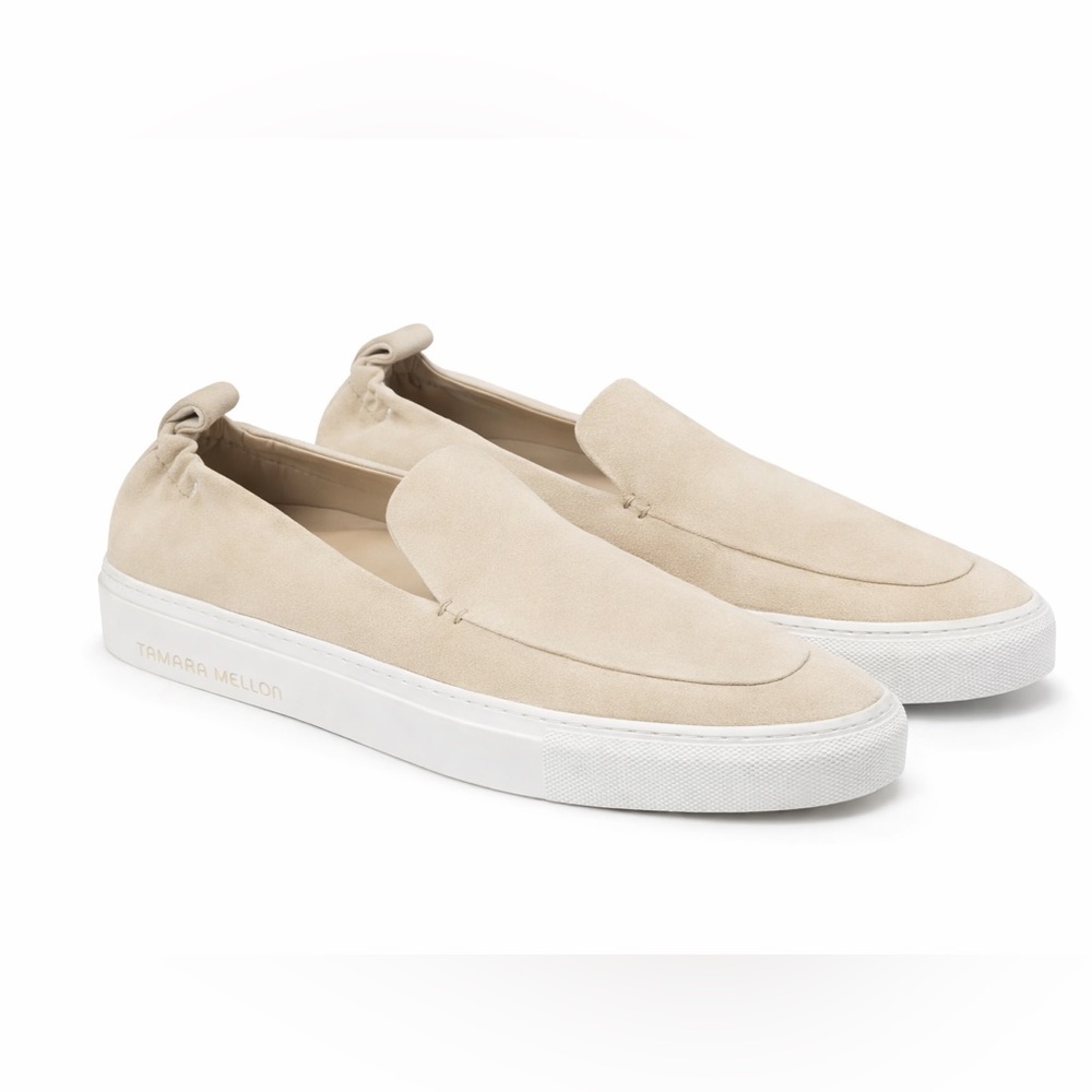 Tamara Mellon Suede Slip On Sneakers Beige Italy Luxury Minimalist Size 10 EU 40